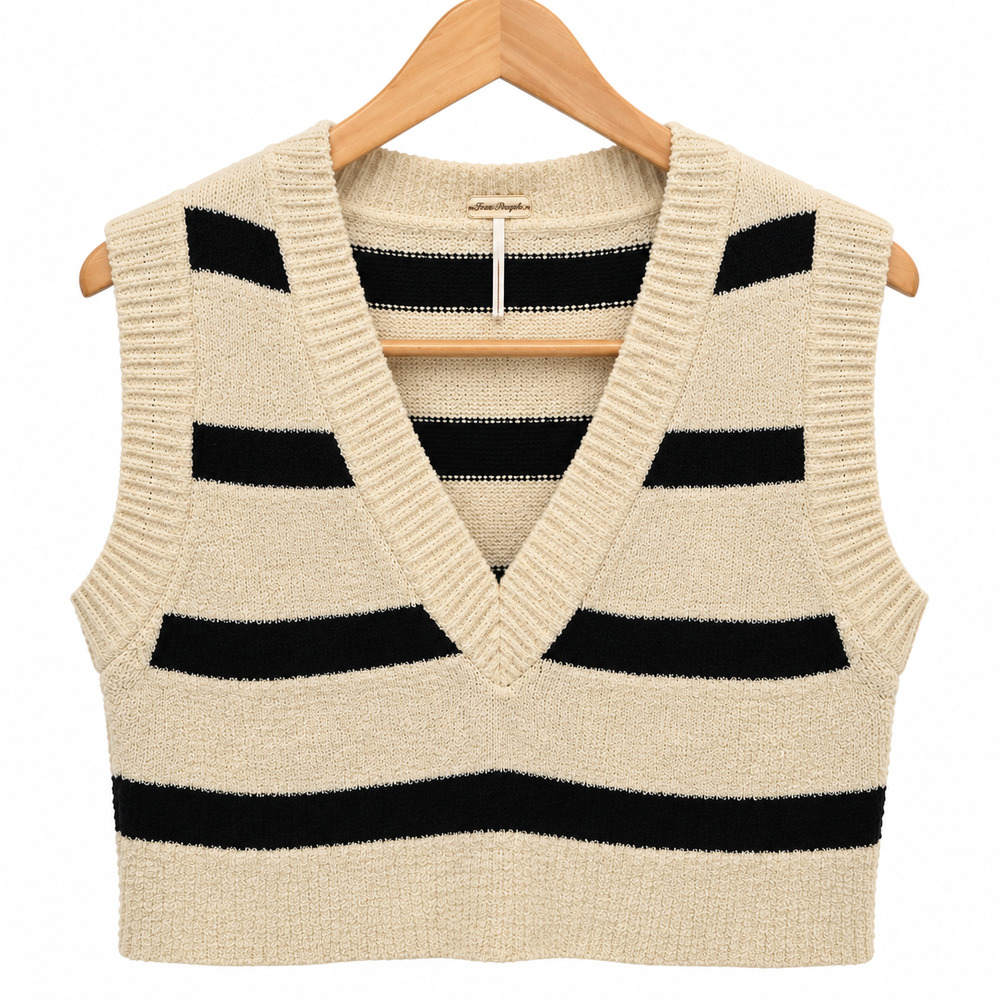 Free People Santa Monica Vest Womens Small Blue Cream Stripe Terrycloth Preppy